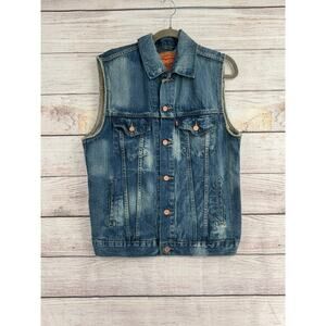 Levi's Denim Trucker Jean Vest Mens Medium Blue Medium Wash Rough Hem